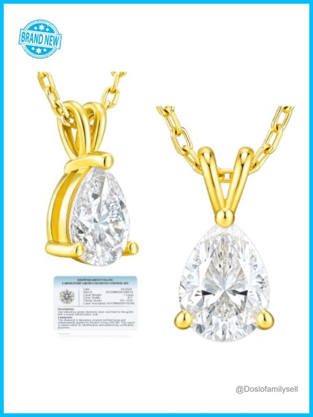 1CT Pear Cut Lab Grown Diamond Pendant Necklace 14k Gold Plated S925 Silver
